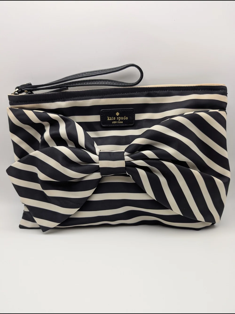 kate spade Black and Cream Striped Bow Wristlet with Strap 10